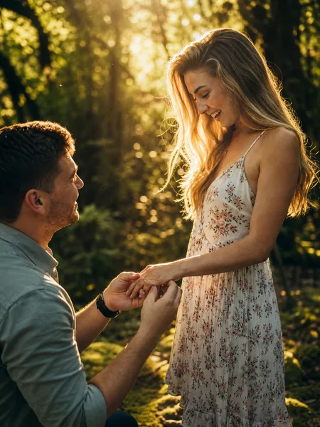 In a forest clearing, golden light hits a newly revealed engagement ring on her finger, floral dress and surprised smile, engagement photos.