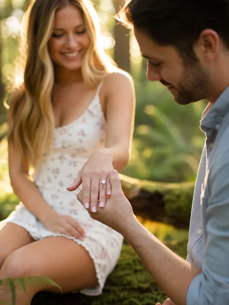Couple admiring an engagement ring on a mossy log in the forest, engagement photos.