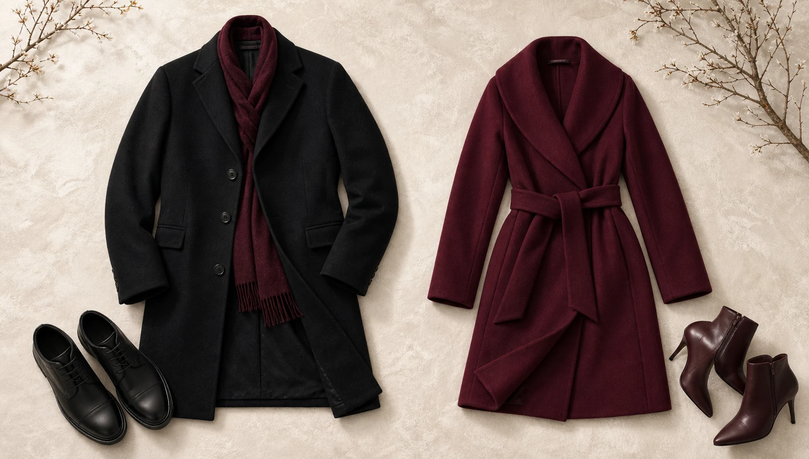 Outfit ideas for gazing across a snowy avenue engagement photos