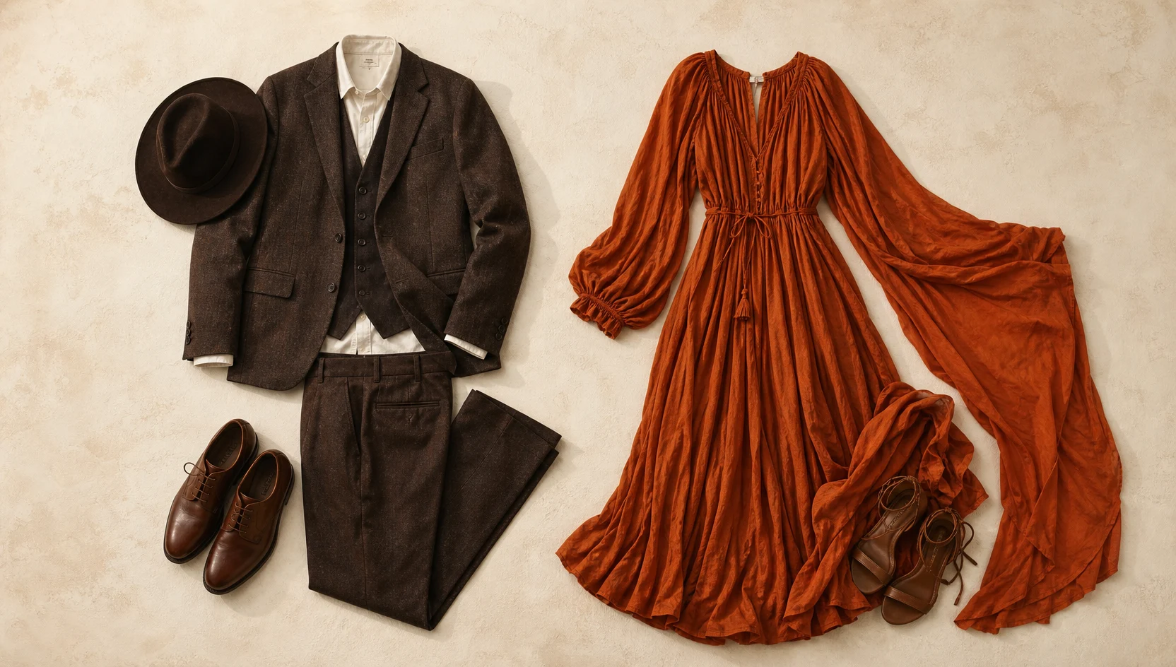 Outfit ideas for gazing at the amber horizon together engagement photos