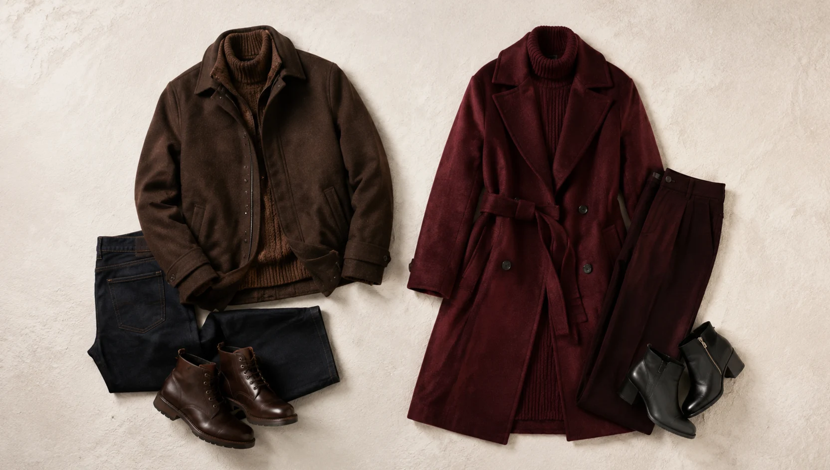 Outfit ideas for gazing at snowy city horizon in burgundy engagement photos