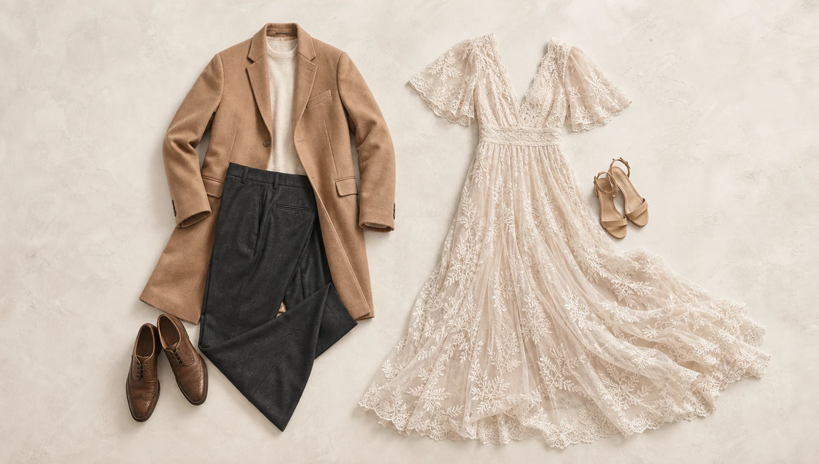 Outfit ideas for misty dip kiss with snowy peak drama engagement photos