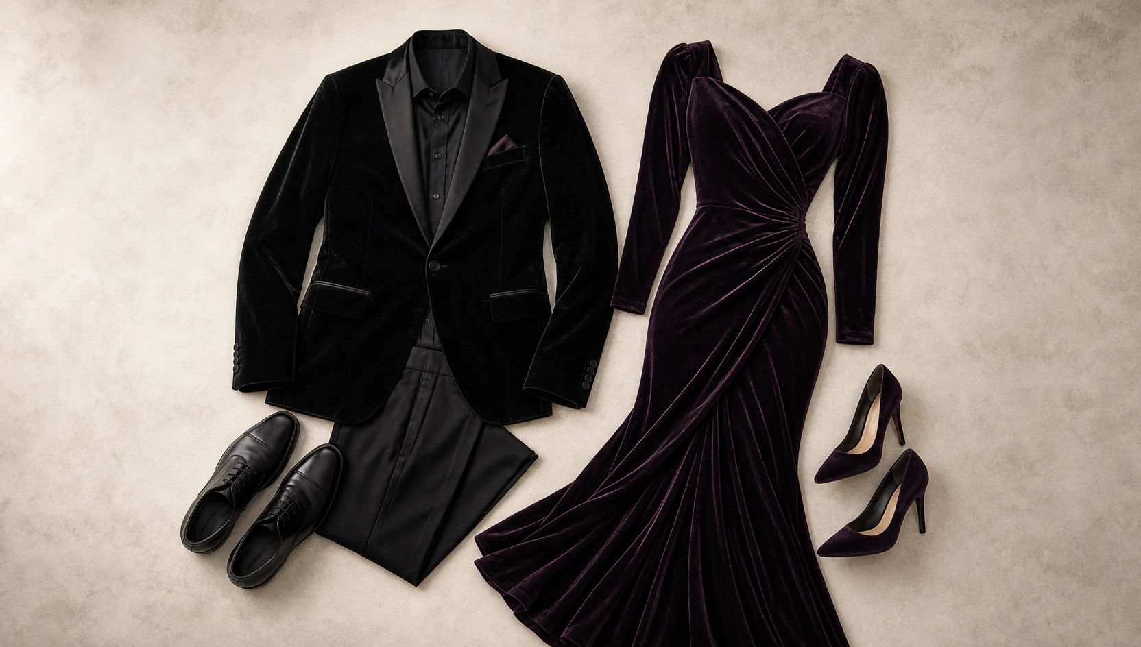 Outfit ideas for misty forest dip kiss in velvet engagement photos