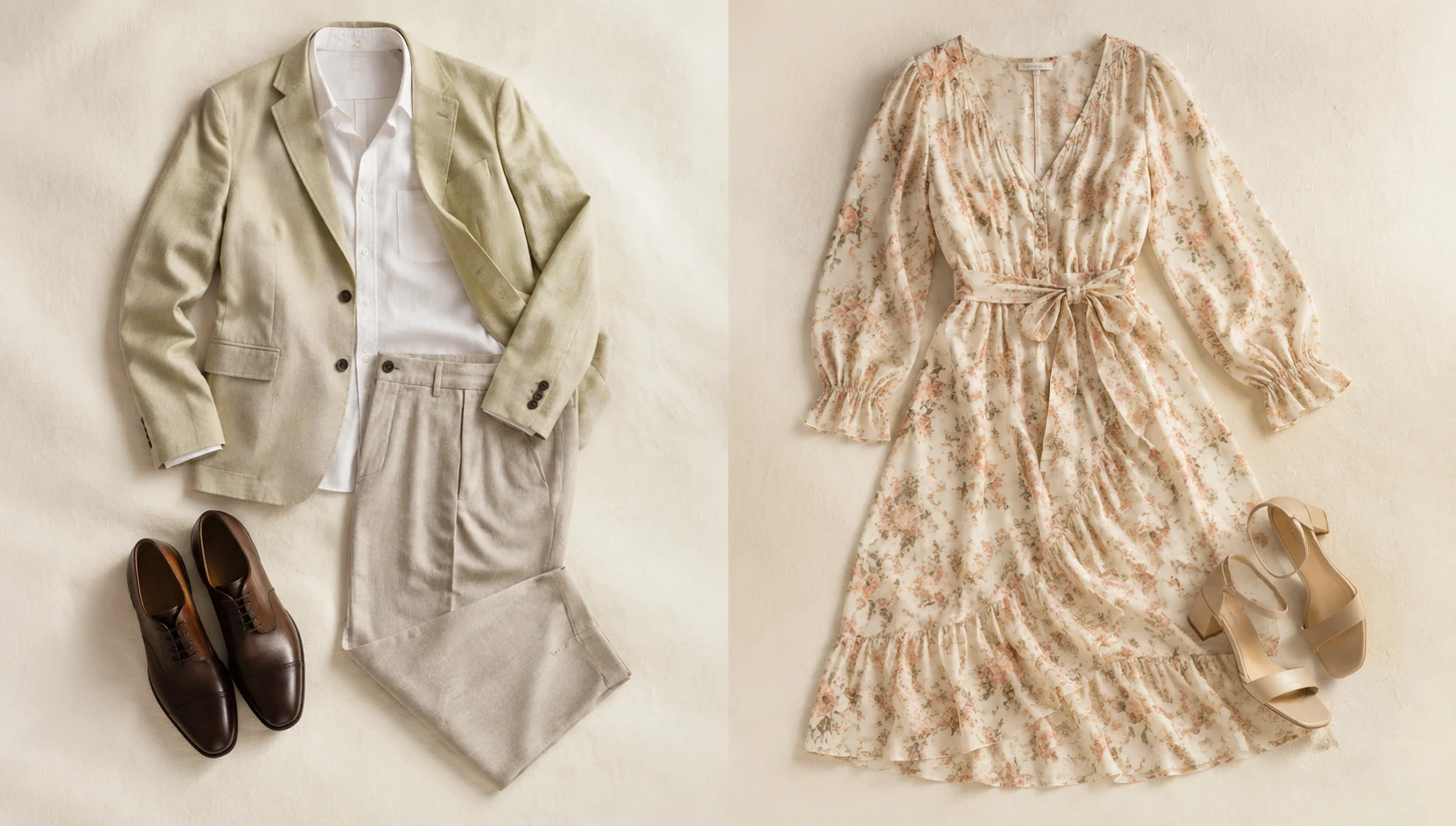 Outfit ideas for playful glance over shoulder on flower-lined avenue at golden hour engagement photos