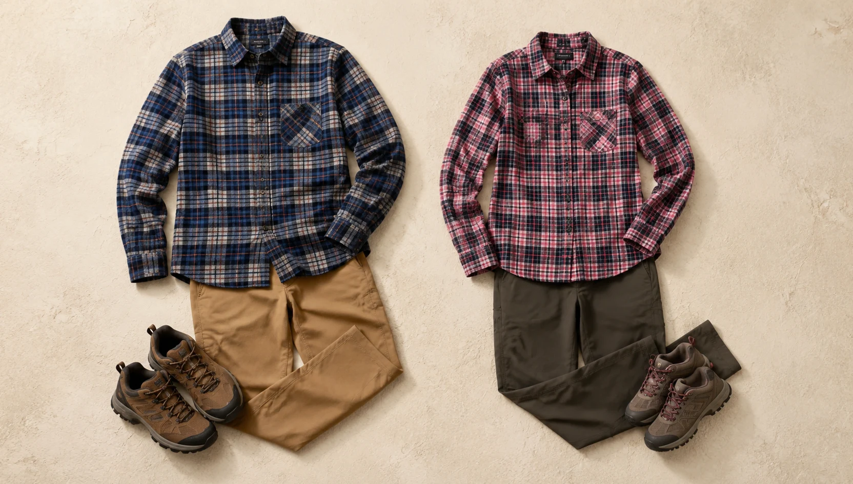 Outfit ideas for golden horizon gazing in flannel on trail engagement photos