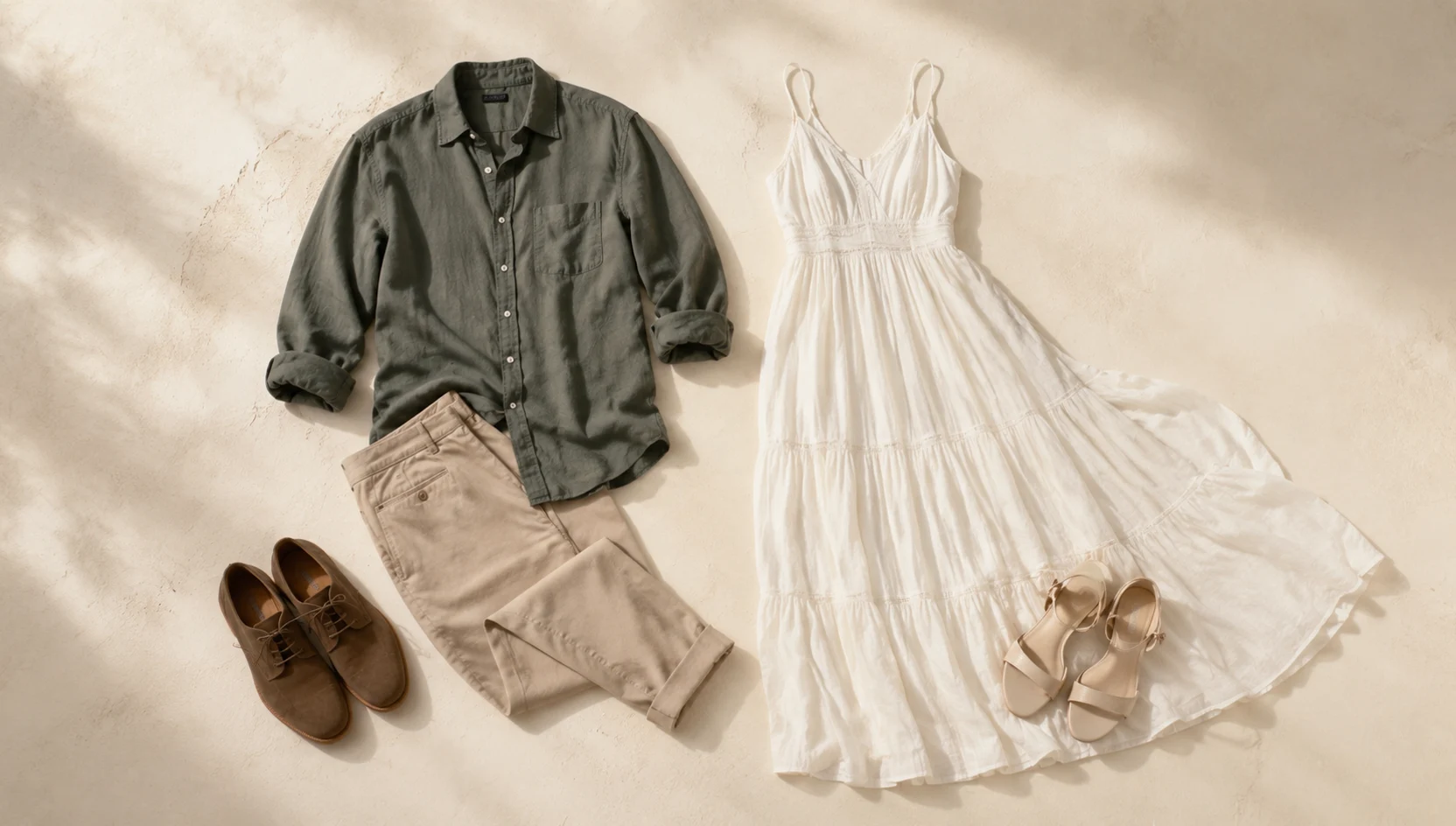 Outfit ideas for forehead touch in golden tidepool glow engagement photos