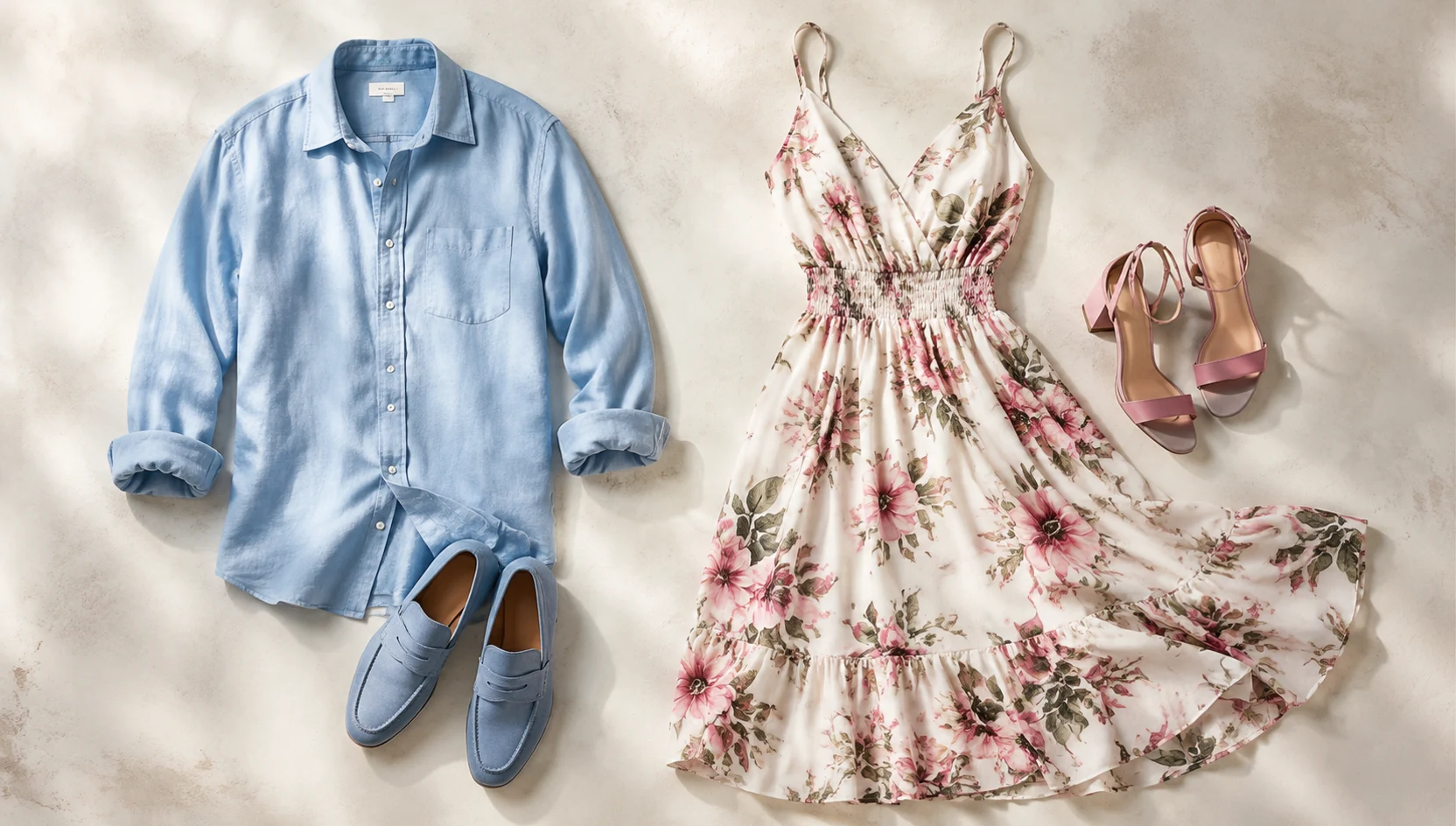 Outfit ideas for golden hour laughter stroll in floral sundress engagement photos