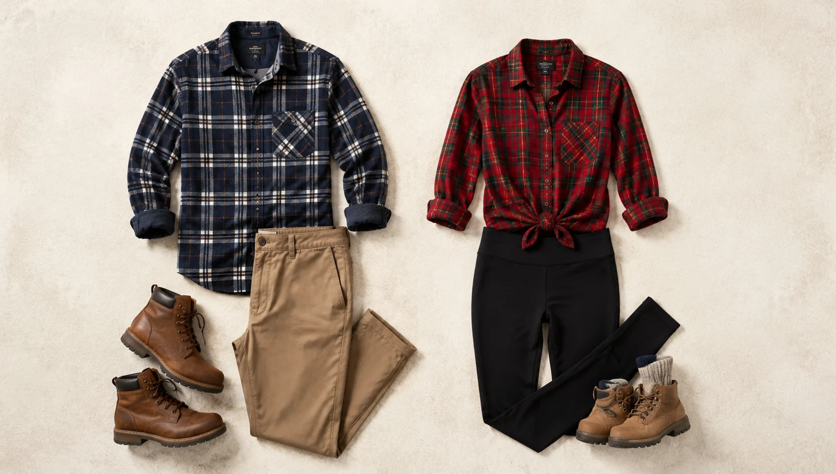 Outfit ideas for golden hour summit stroll in flannel engagement photos