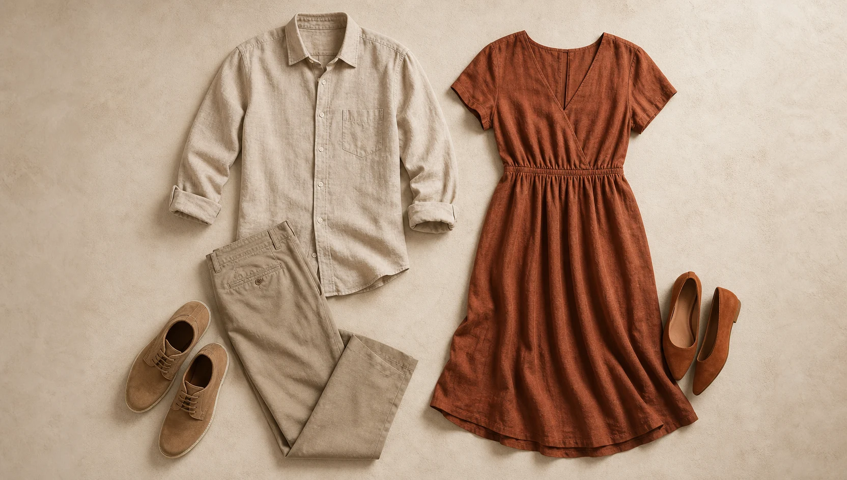 Outfit ideas for golden shafts looking at foggy horizon in earthy linen engagement photos