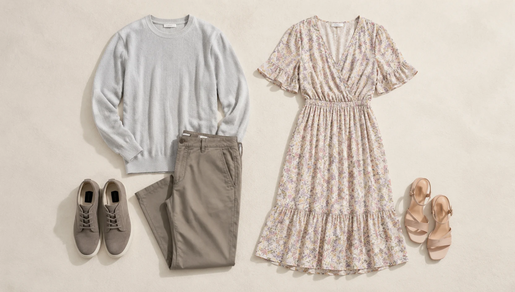 Outfit ideas for soft morning horizon gaze on bridge engagement photos