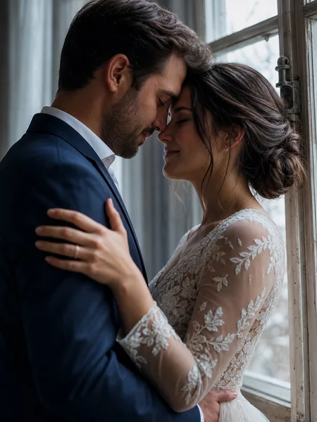 Couple in formal attire touching foreheads by a window, soft natural light, engagement photos.