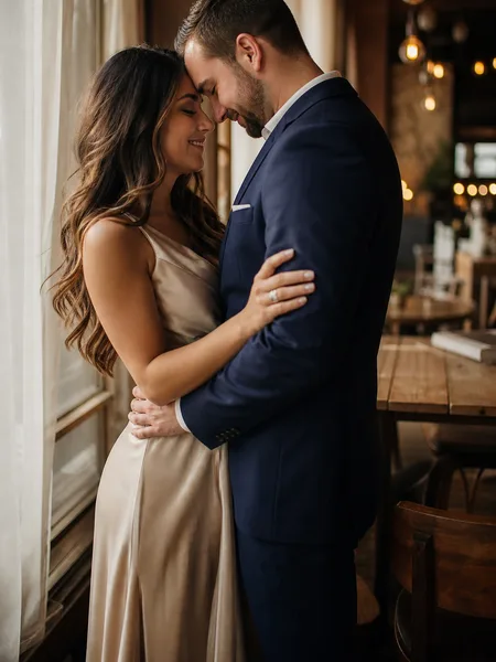 Engaged couple in formalwear, foreheads touching, in a coffee shop by a sunlit window, engagement photos.