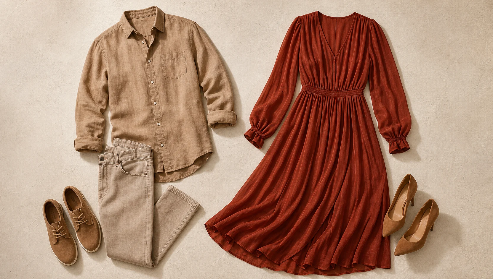 Outfit ideas for genuine laughter under golden canopy engagement photos