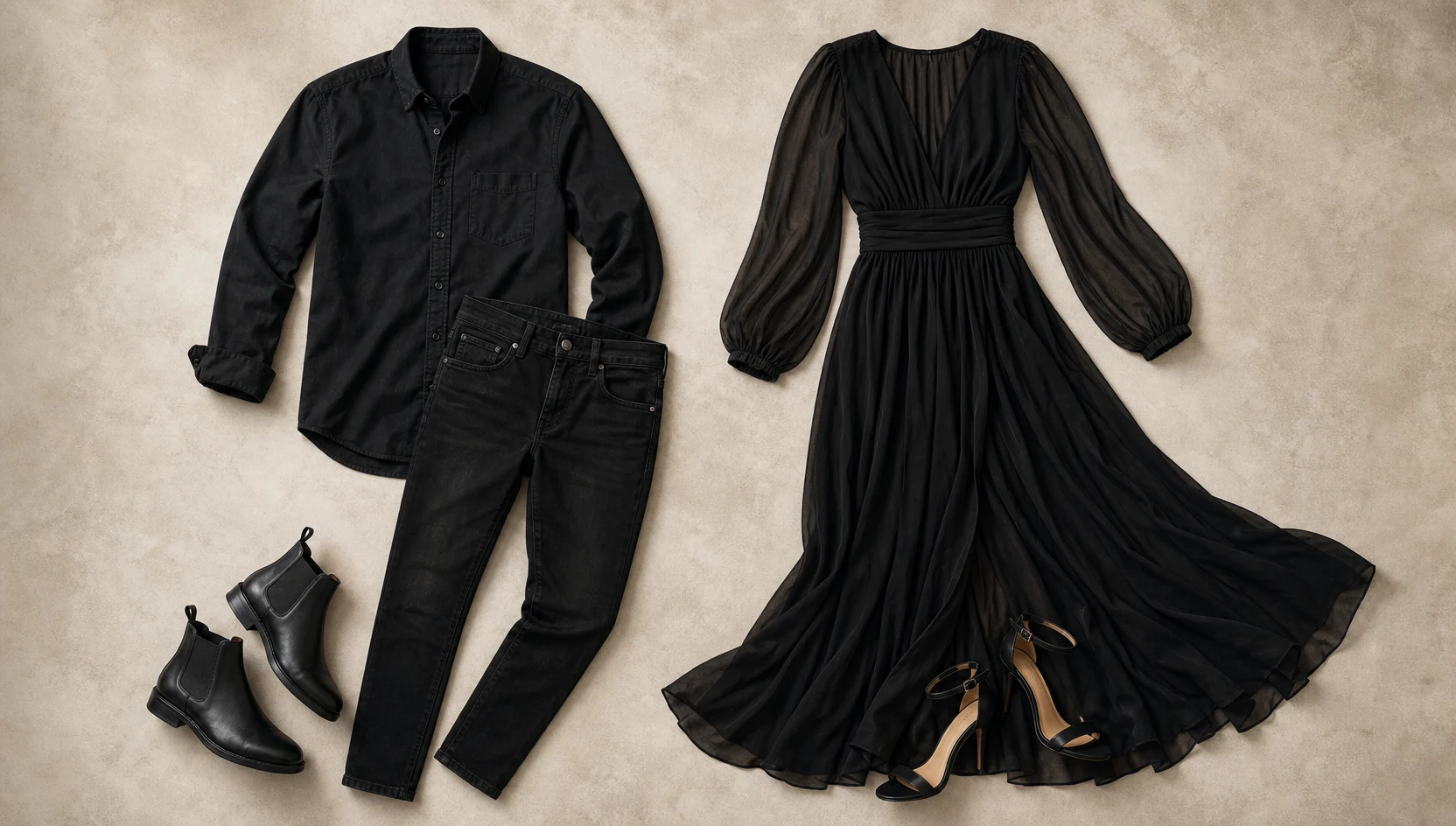 Outfit ideas for playful slow dance in dark attire engagement photos