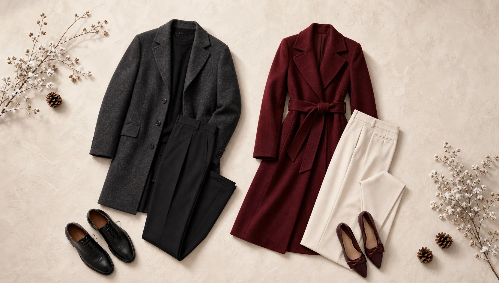 Outfit ideas for dreamy horizon gaze in burgundy coats engagement photos