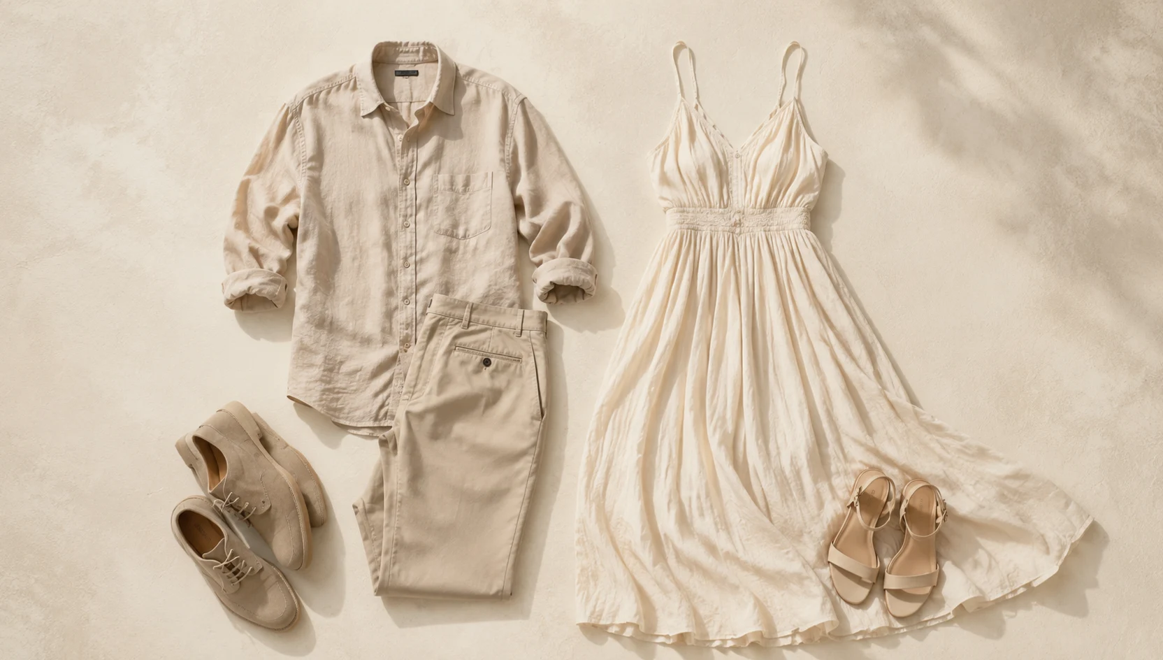 Outfit ideas for shared horizon gaze in golden forest light engagement photos