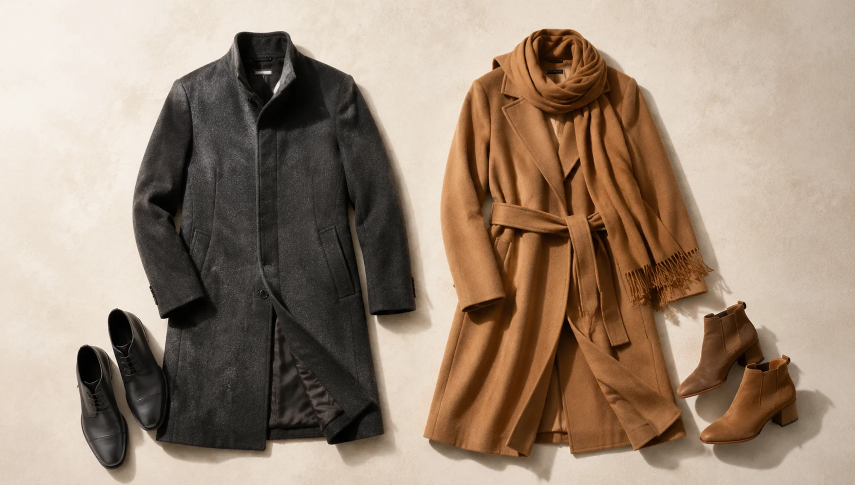 Outfit ideas for looking out at snowy horizon together engagement photos