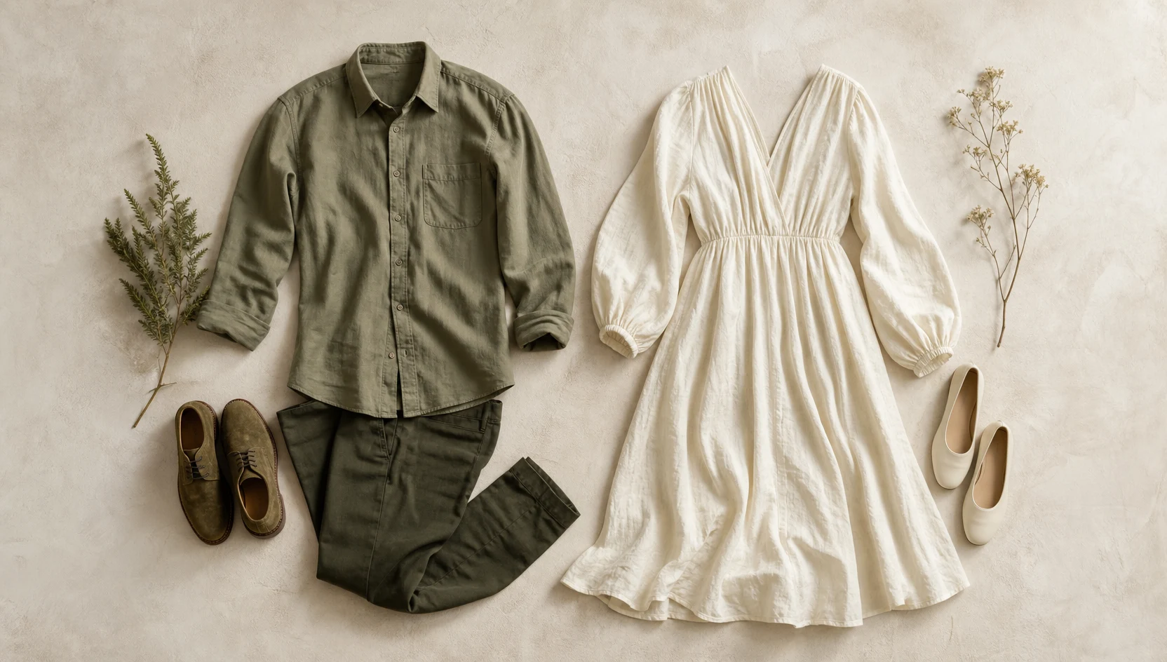 Outfit ideas for looking downstream over the mossy log at golden hour engagement photos
