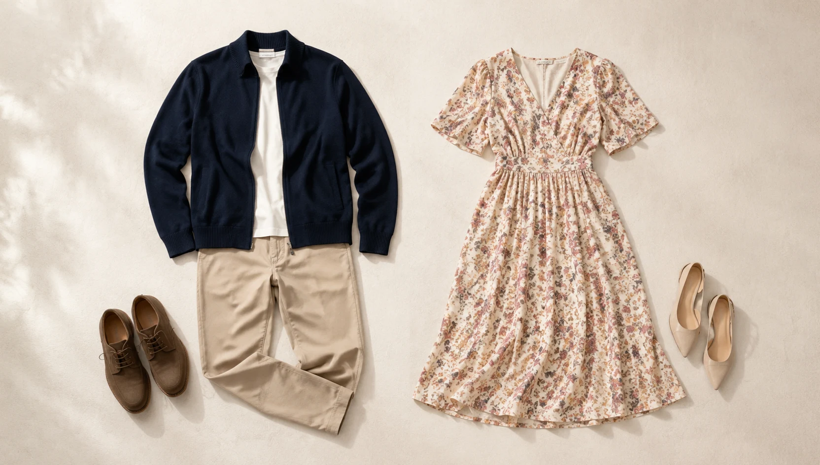 Outfit ideas for looking horizon from flower-covered bridge engagement photos