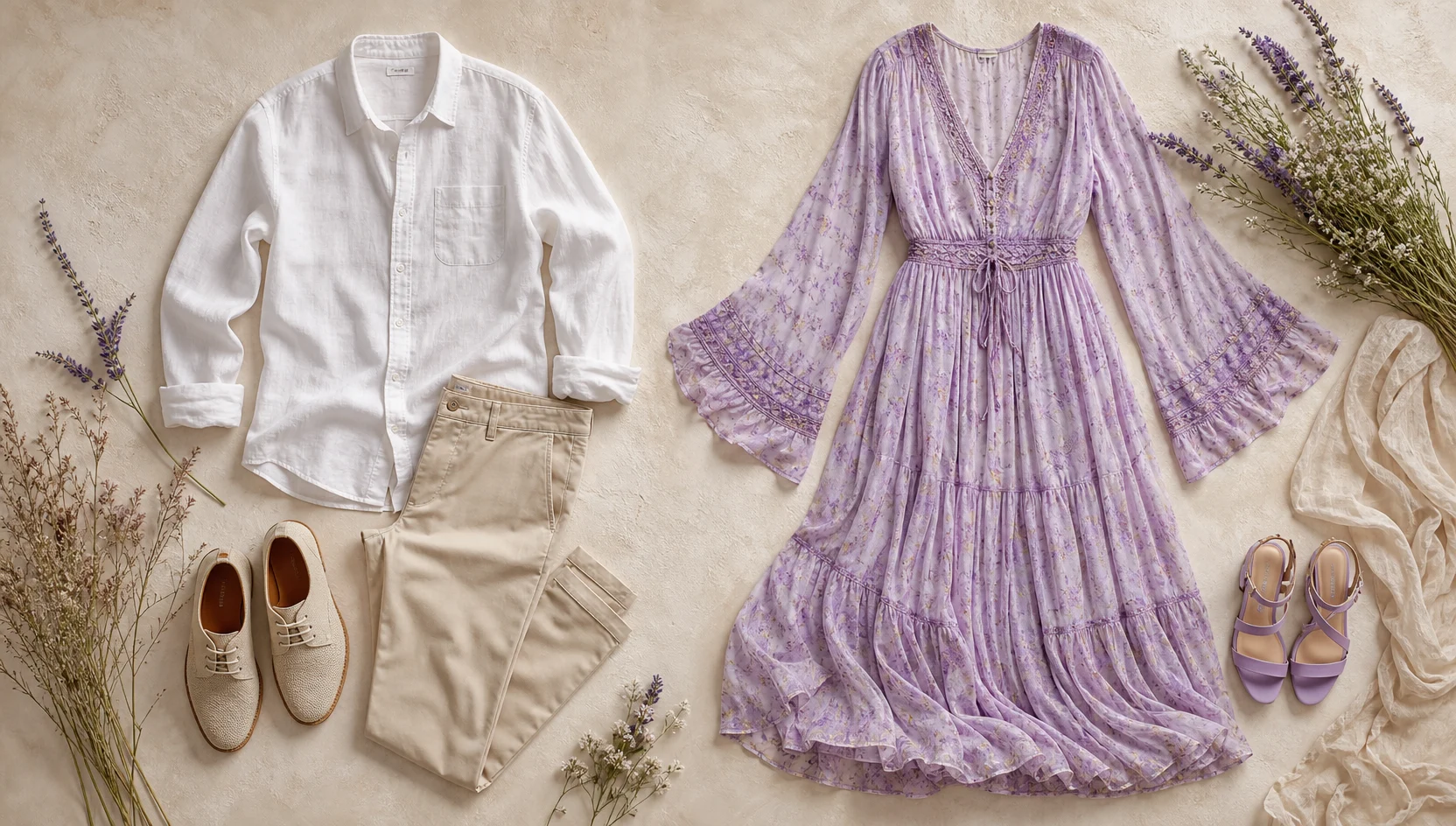 Outfit ideas for looking toward sunset from forest edge engagement photos