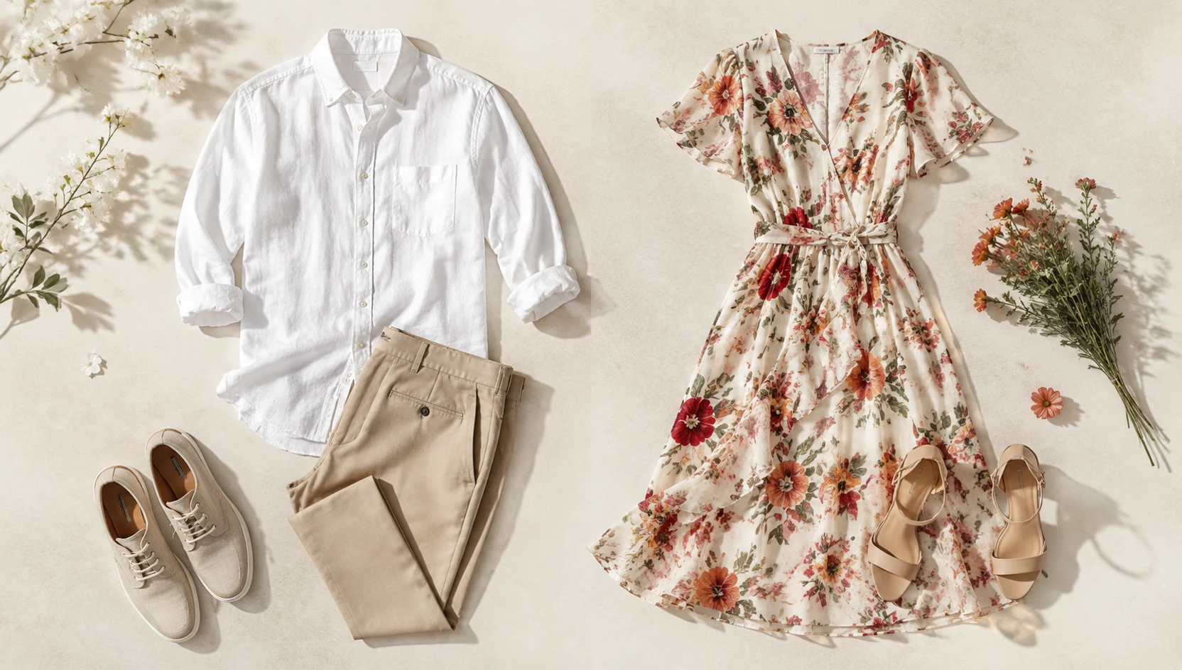 Outfit ideas for looking toward the setting sun across a wildflower sea engagement photos