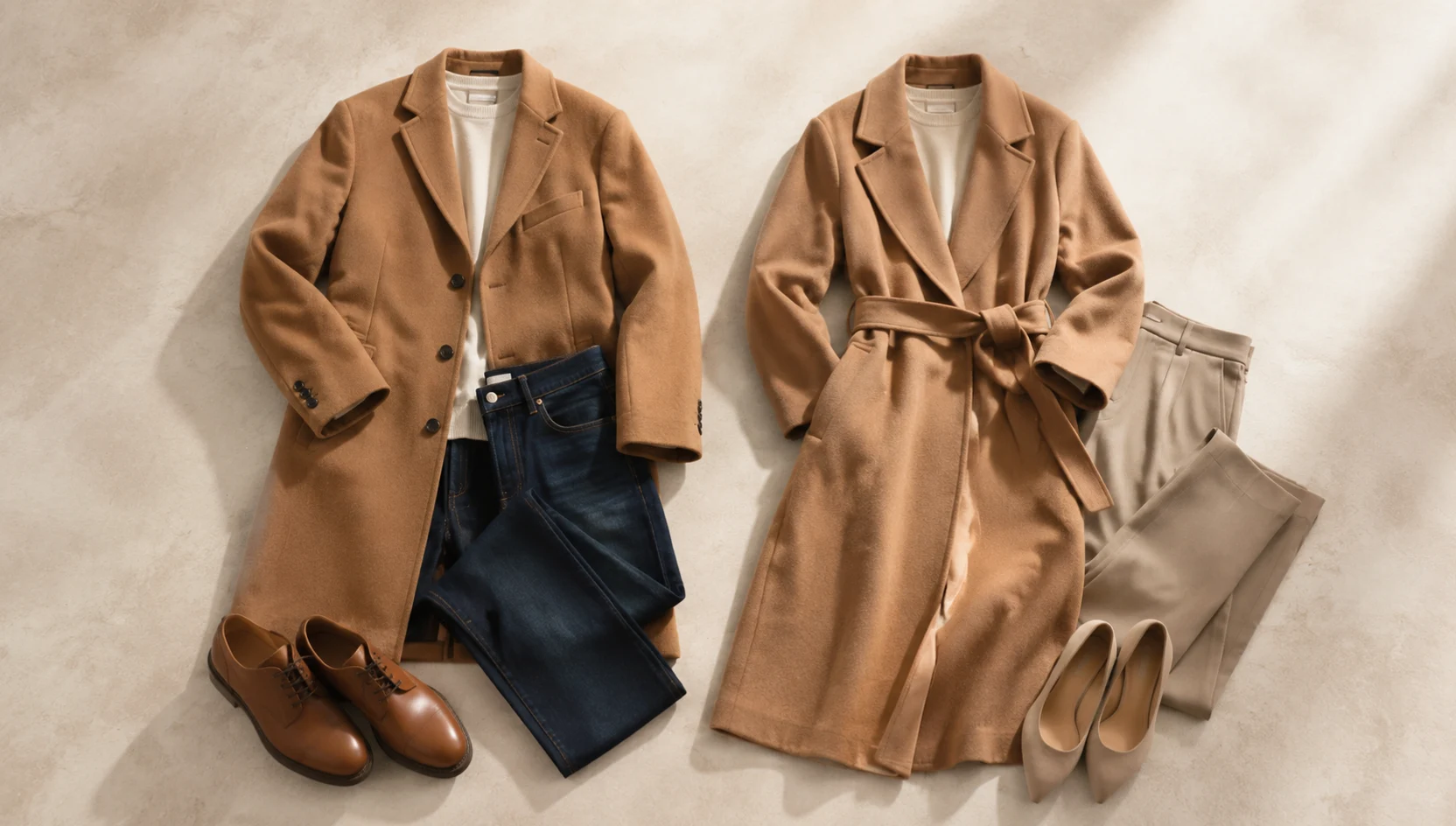 Outfit ideas for looking at the horizon in matching neutrals engagement photos