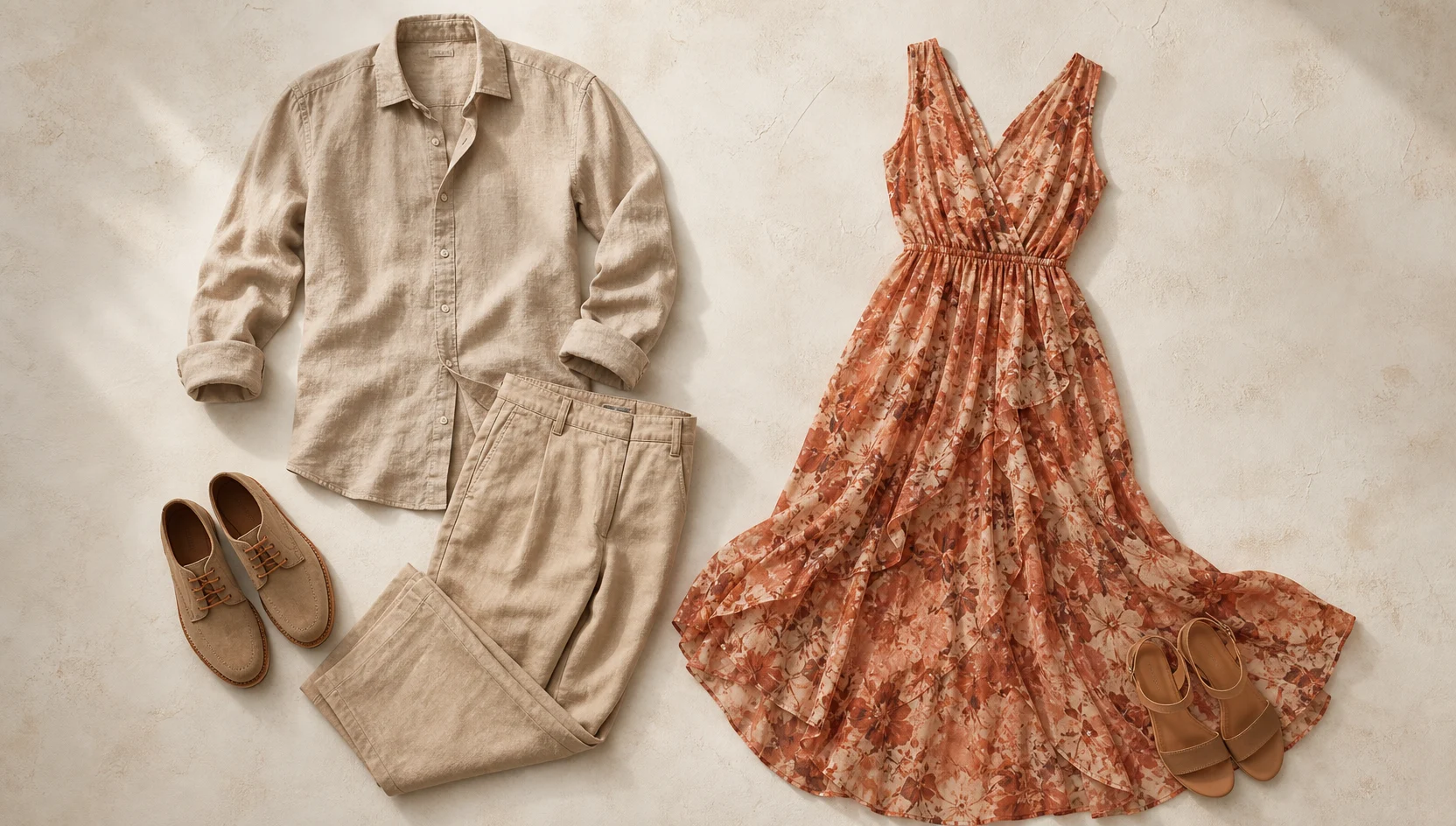 Outfit ideas for pointing at the sunset on the pier engagement photos