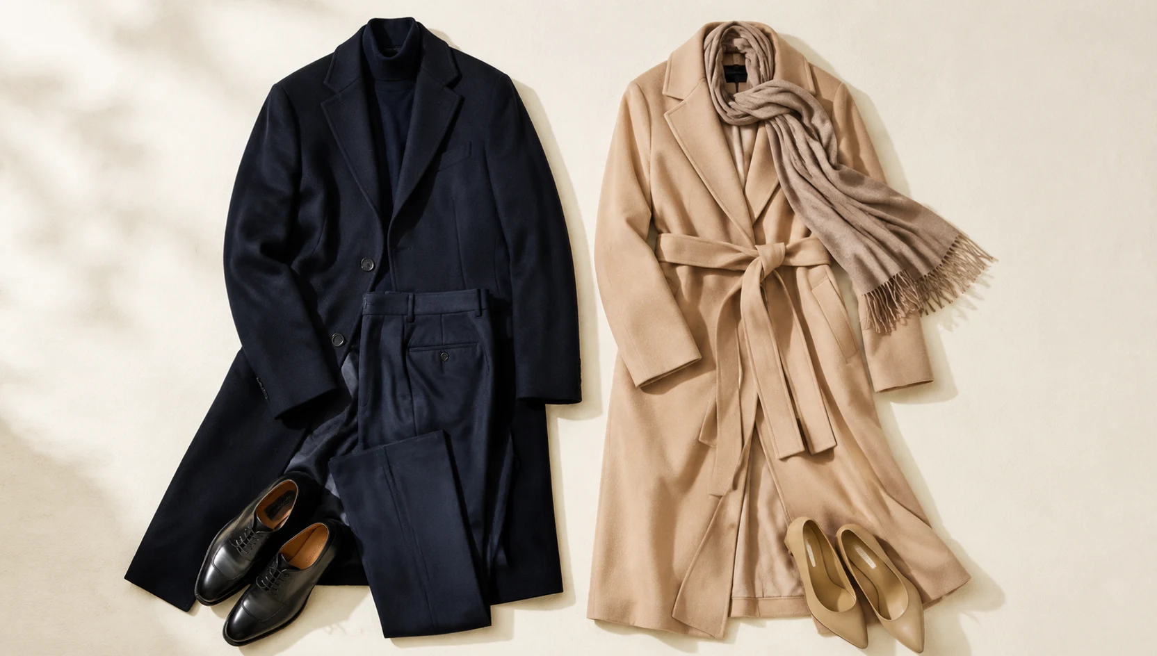 Outfit ideas for looking at golden horizon from snowy ridge engagement photos