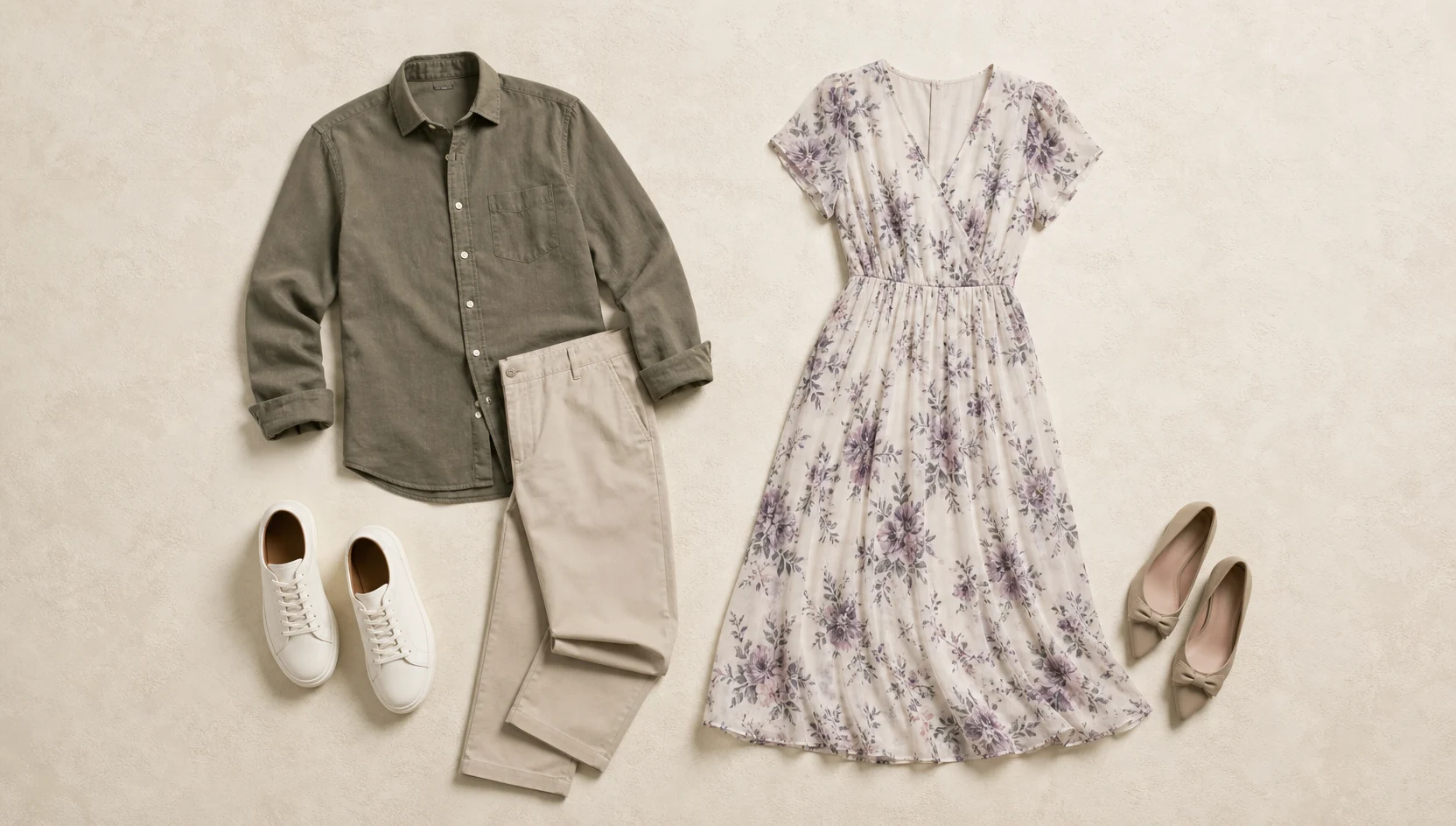Outfit ideas for backs to camera, facing morning horizon engagement photos