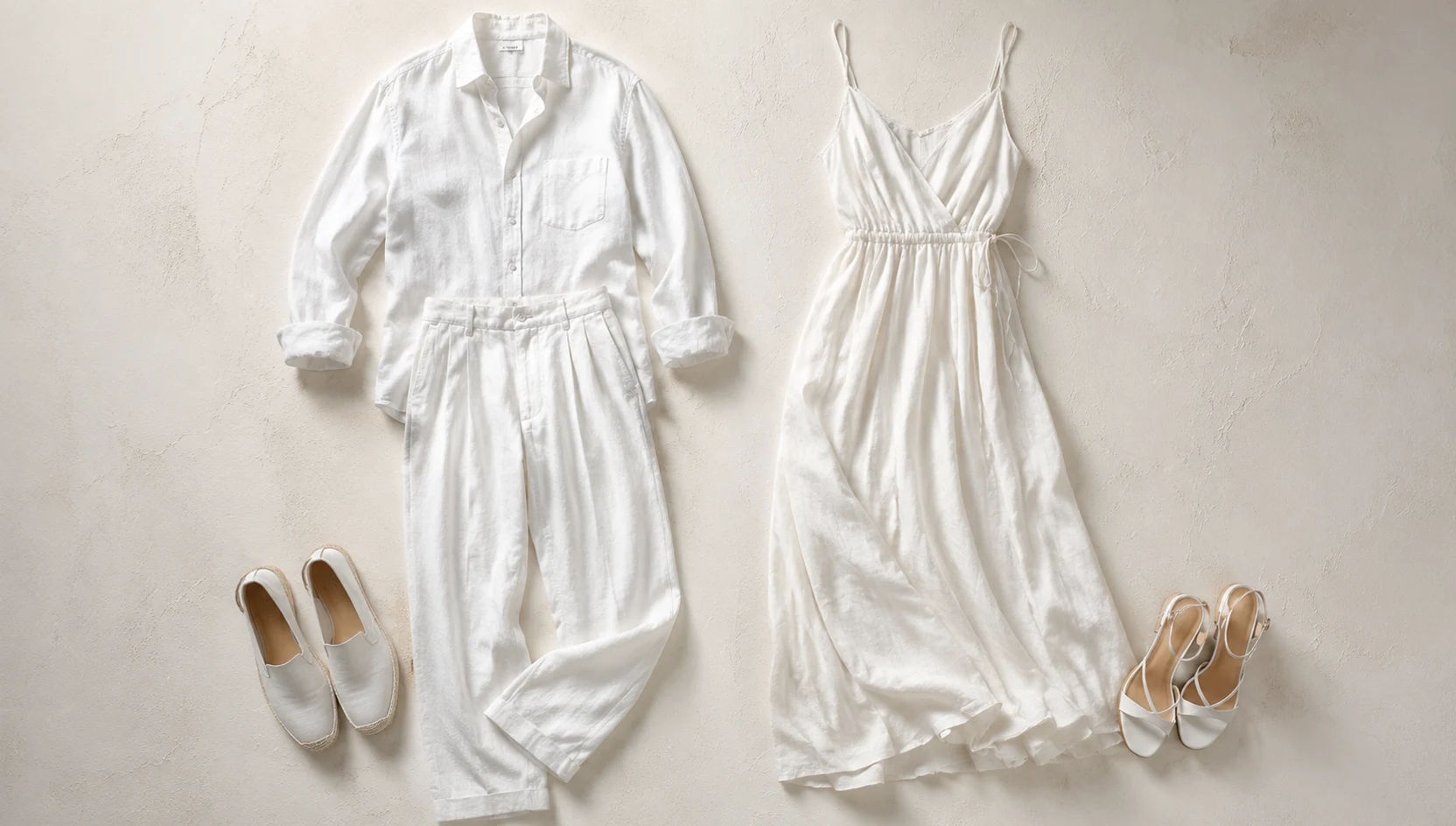 Outfit ideas for couple gazing at horizon in morning-lit wildflower field engagement photos