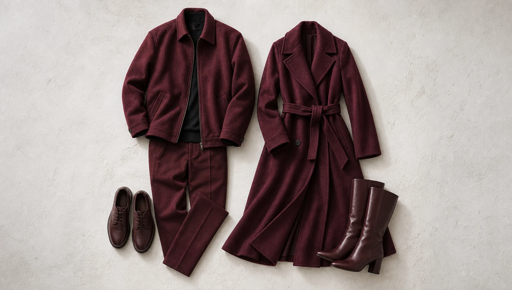 Outfit ideas for burgundy profiles, endless white ahead engagement photos