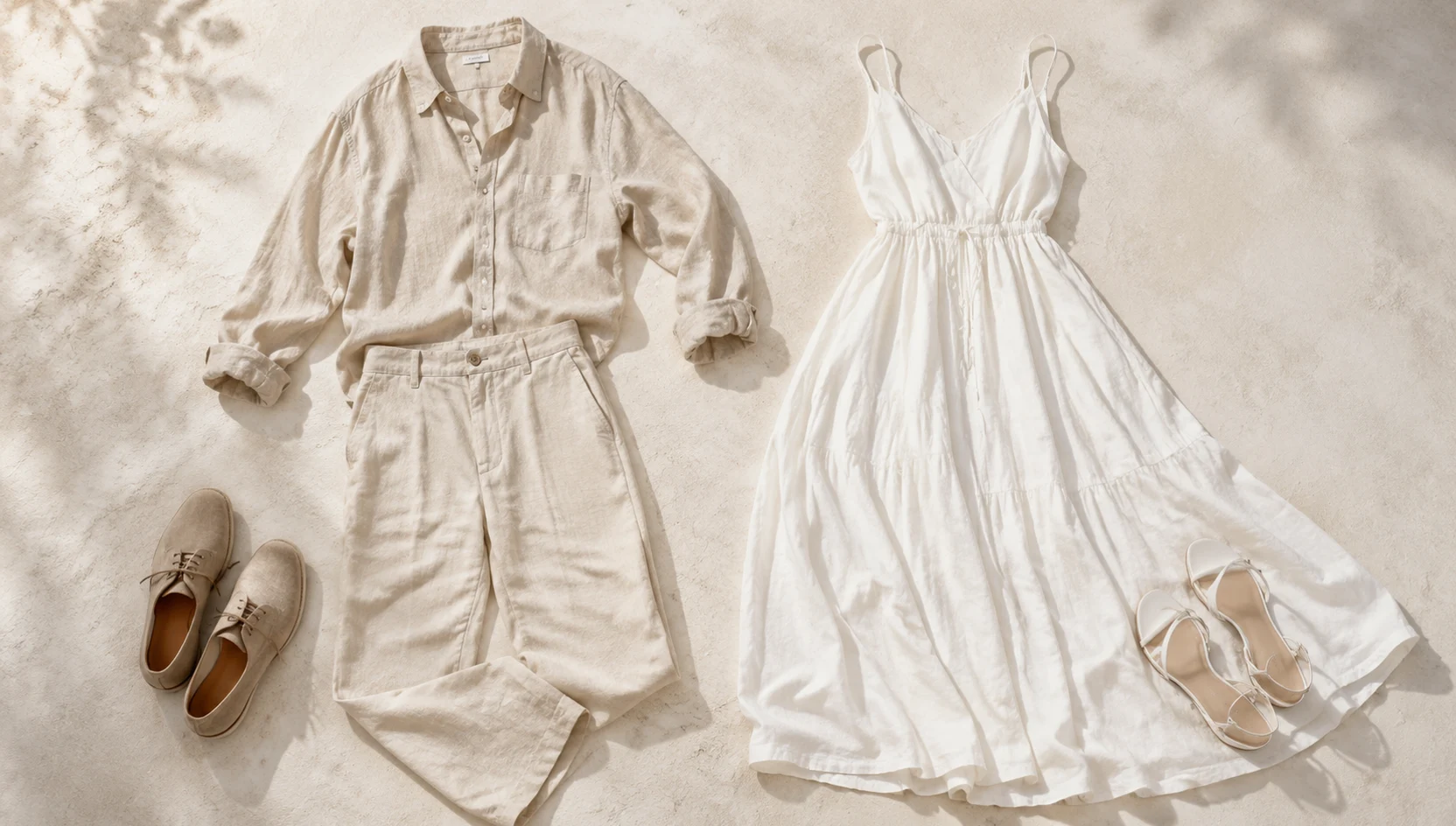 Outfit ideas for standing together looking toward the distant treeline in soft morning light engagement photos