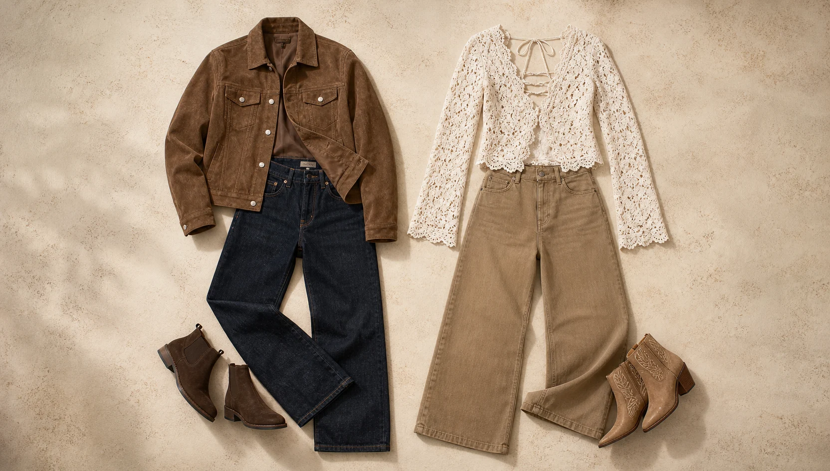 Outfit ideas for looking west at dawn, boho couple on open road engagement photos