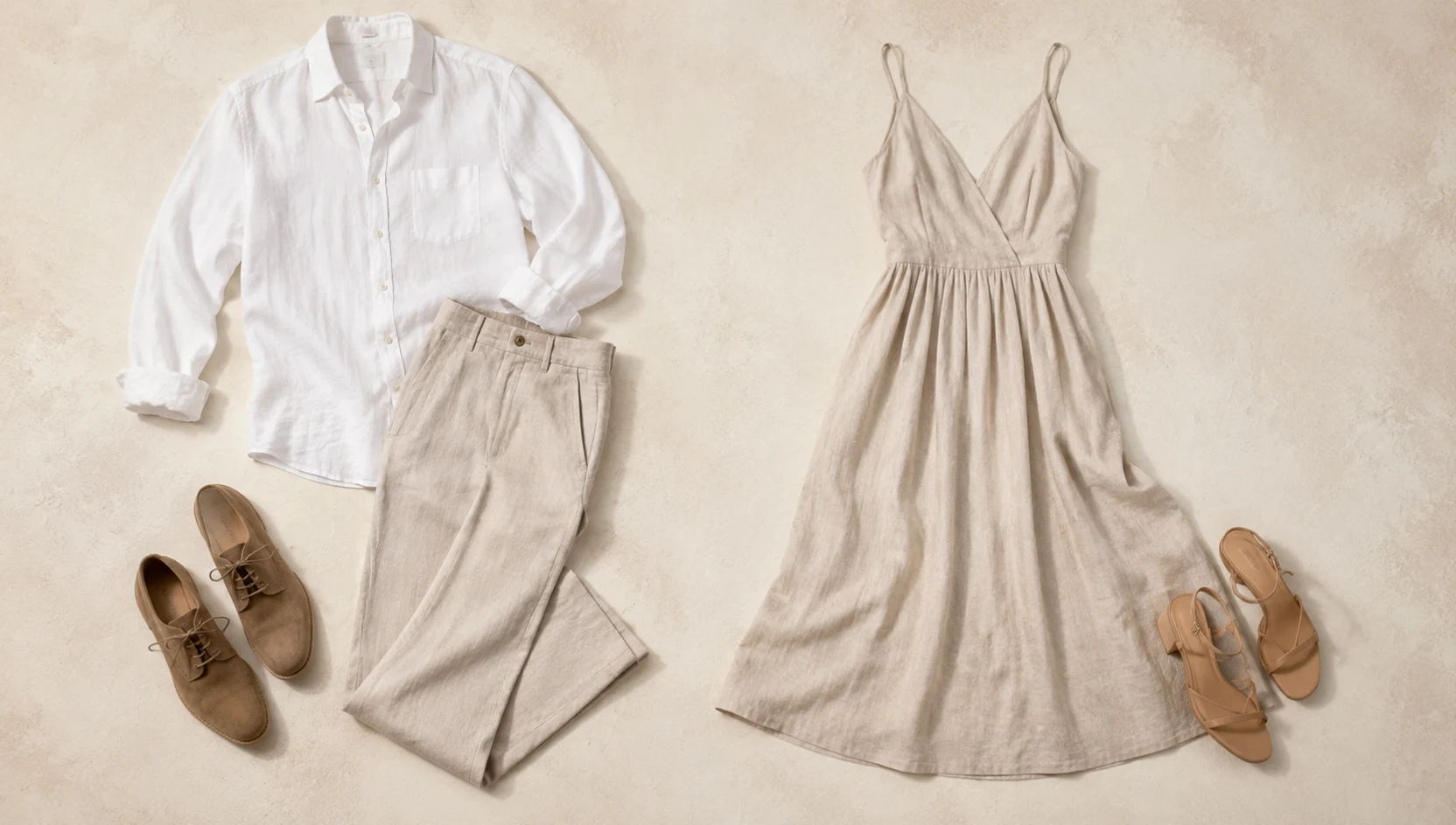 Outfit ideas for midday meadow slow dance in linen engagement photos