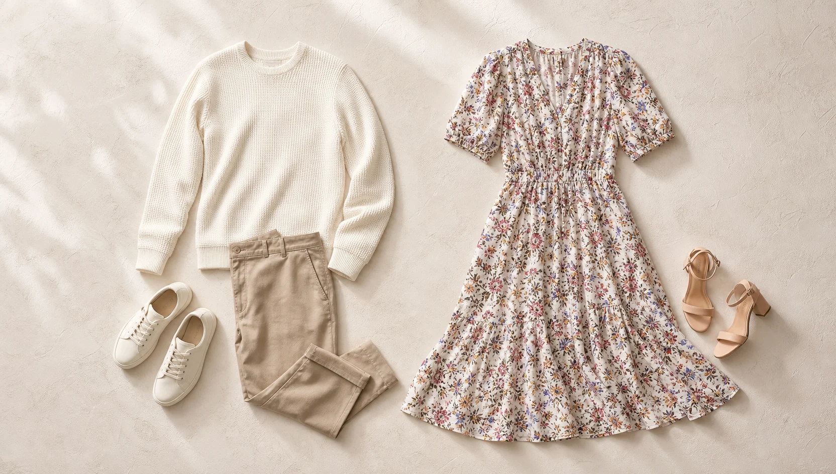 Outfit ideas for looking toward the morning horizon in floral engagement photos