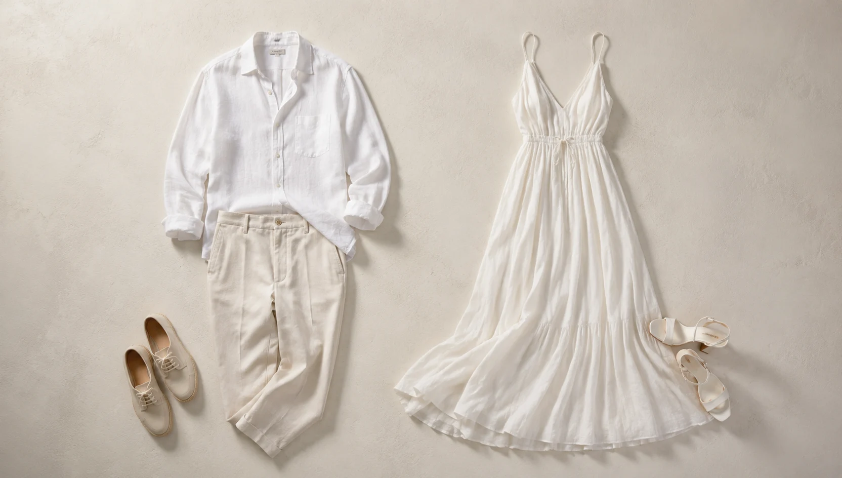 Outfit ideas for morning horizon gaze in breezy white linen engagement photos