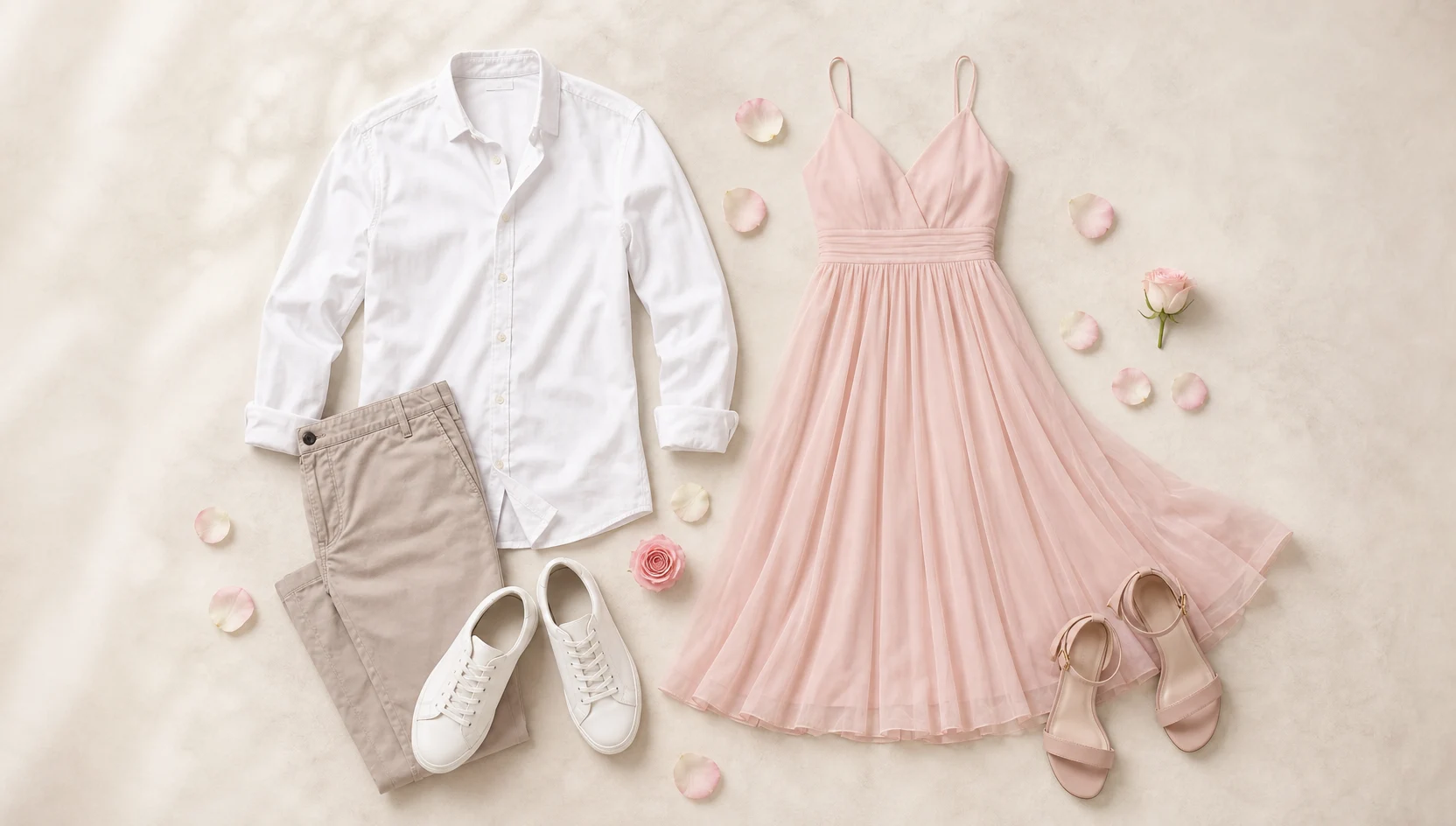 Outfit ideas for morning laughter amid the tossed rose petals engagement photos