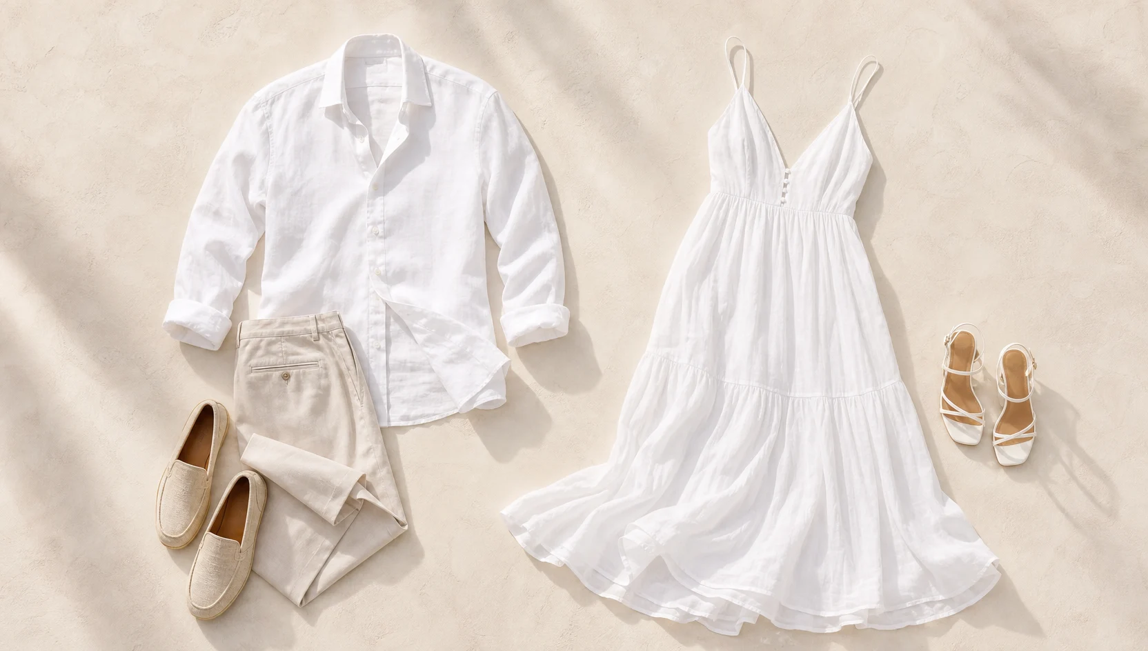 Outfit ideas for morning shoreline stroll in breezy linen engagement photos