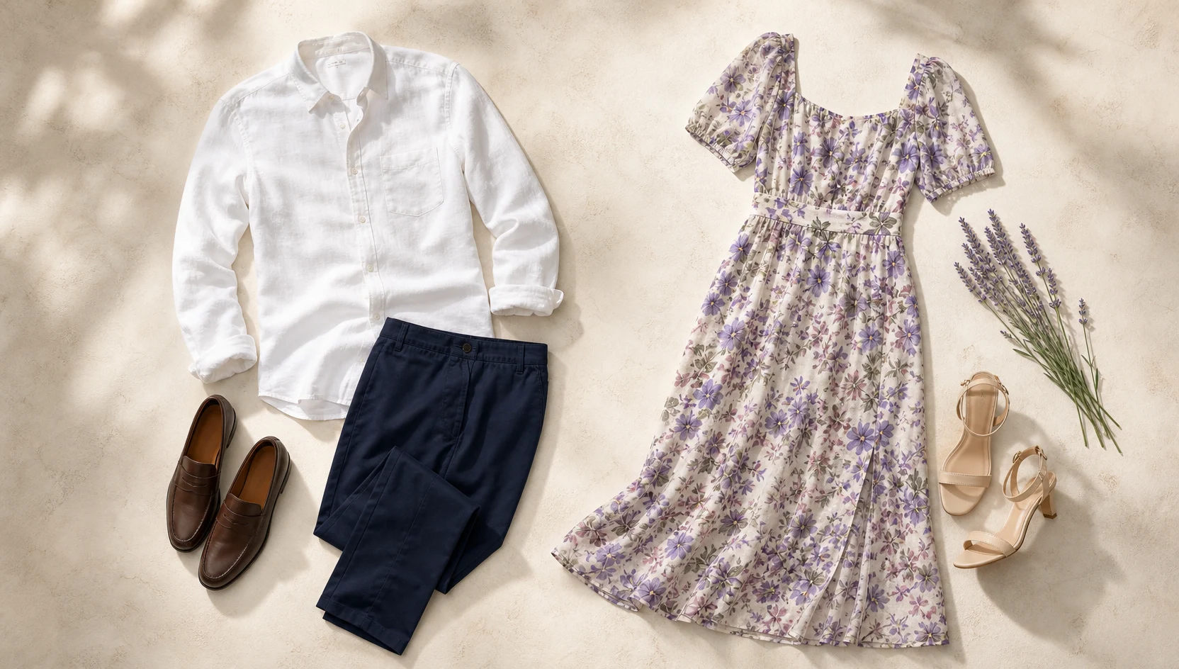 Outfit ideas for playful morning stroll along lavender path engagement photos