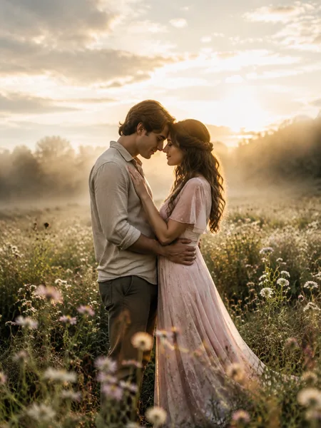 Couple touching foreheads in a dew-covered wildflower meadow at morning, romantic engagement photos