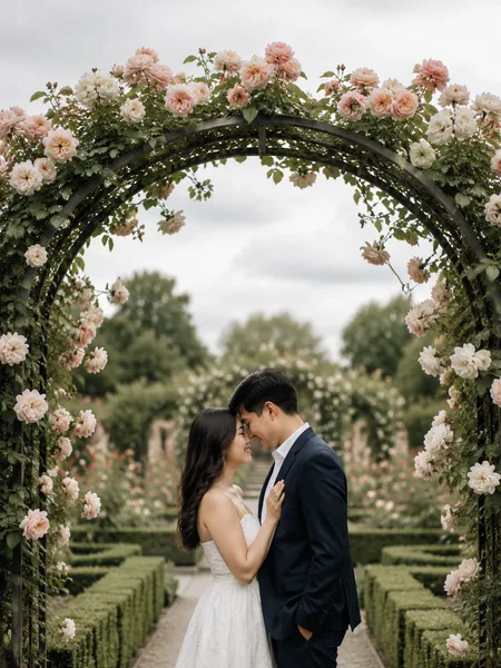 Engagement photos of a couple touching foreheads under a rose arbor in a manicured garden, overcast light.