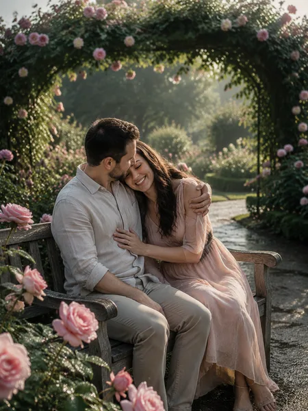 Couple sitting close on a bench surrounded by dewy pink roses in a manicured garden, engagement photos.