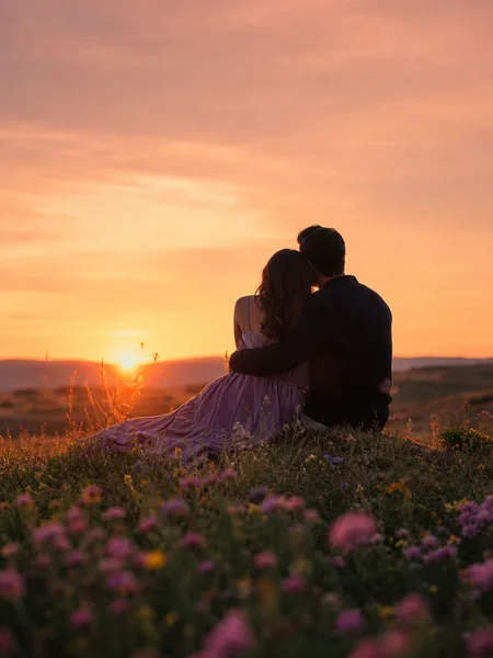 Silhouetted couple embracing on a hillock in a wildflower meadow at sunset, boho dress, engagement photos.