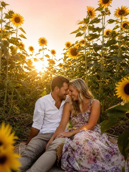 A couple sitting close on a blanket in a sunflower field at sunset, she in a floral sundress, sunflowers towering above, engagement photos.