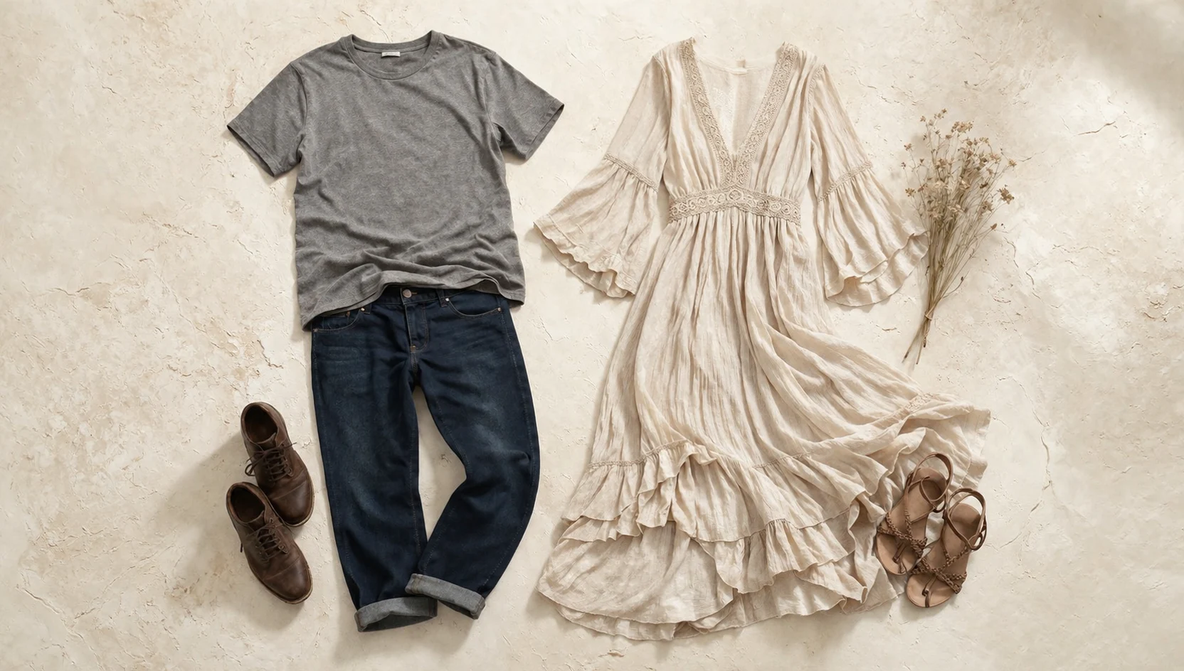 Outfit ideas for overcast fog piggyback ride in flowy boho dress engagement photos