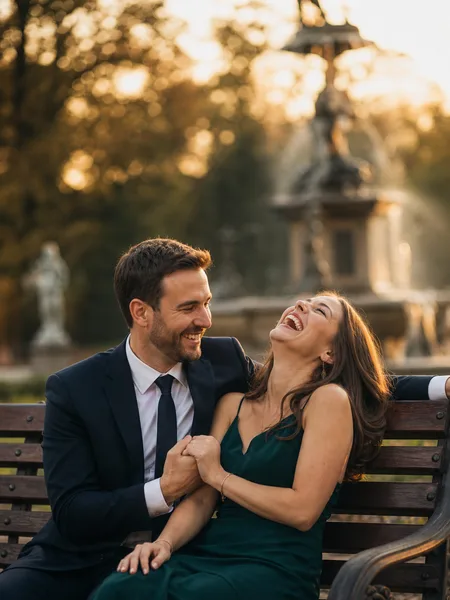 Candid laughter of formally dressed couple on bench at sunset, engagement photos