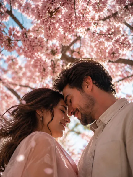 Close-up of a couple touching foreheads under a canopy of pink cherry blossoms, morning light, engagement photos.