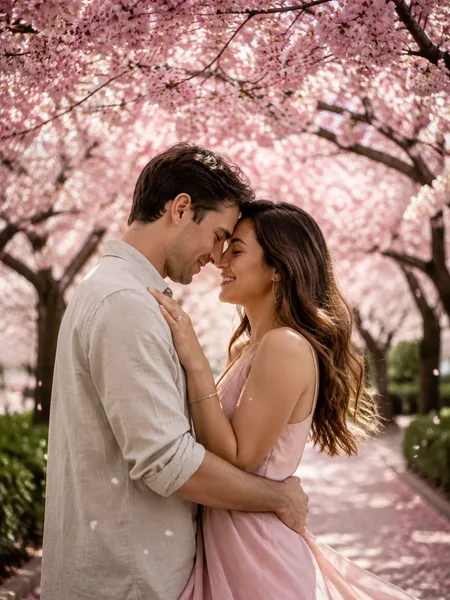 A couple forehead to forehead under cherry blossoms, pastel pink dress, soft morning light, engagement photos.