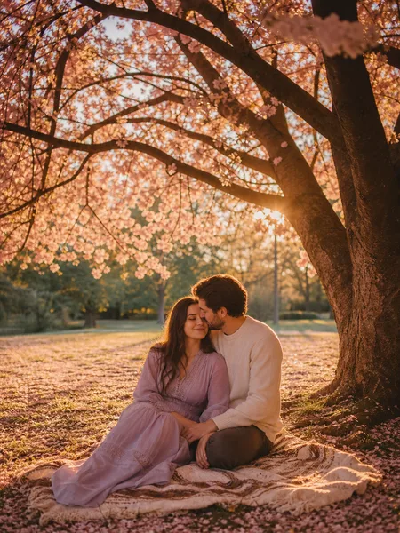 Couple sitting on a blanket under a cherry tree at sunset, lilac dress, pink petals, engagement photos.