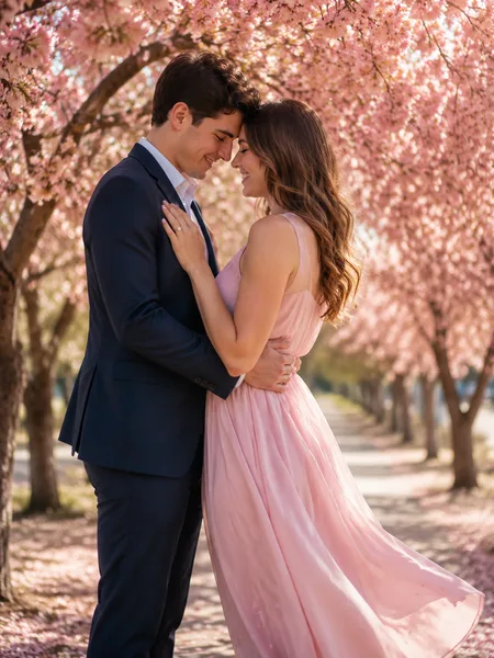 Couple touching foreheads under pink cherry blossoms in soft morning light, pastel dress, engagement photos